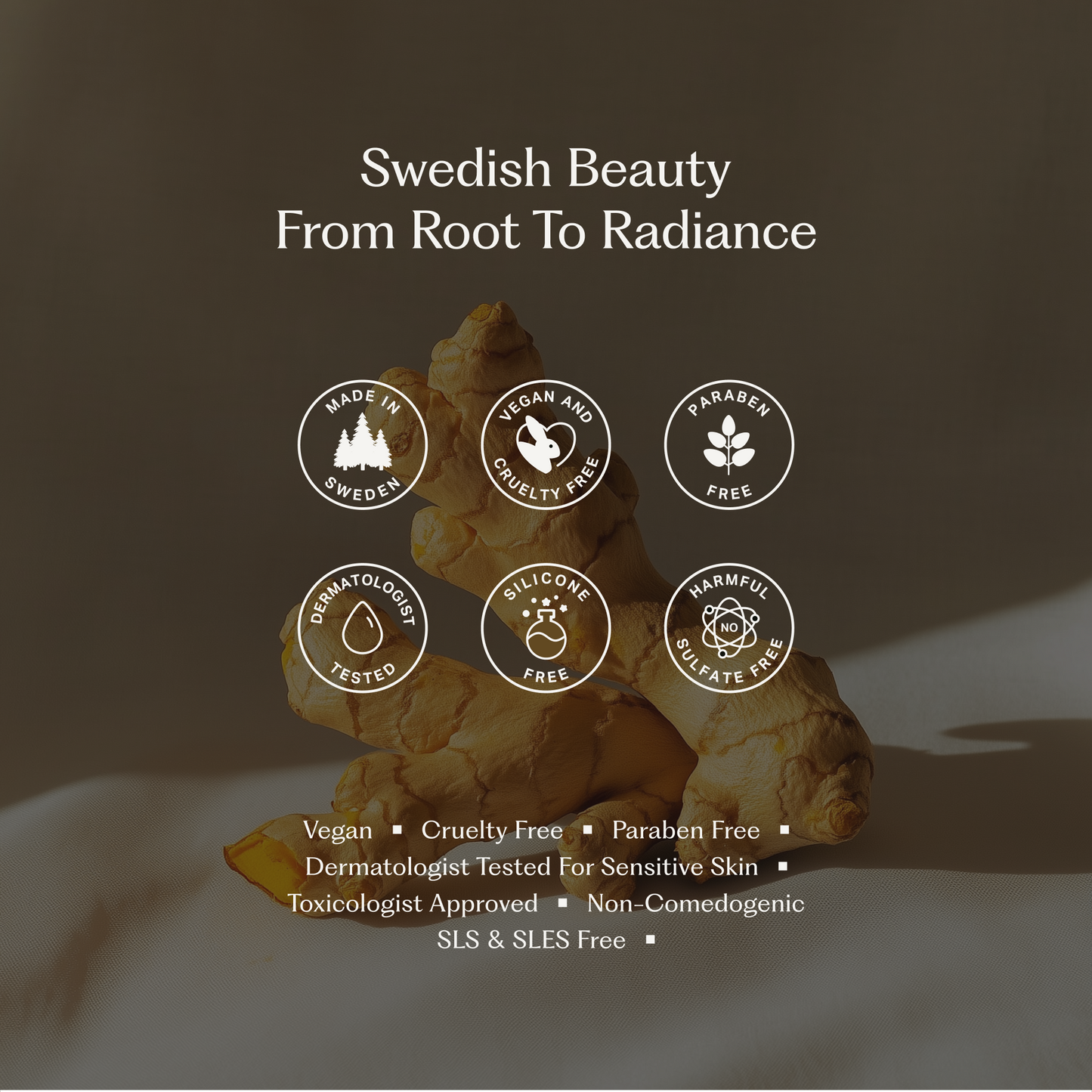 Grafisk lista som visar att produkterna är fria från skadliga ämnen som parabener, sulfater och silikoner