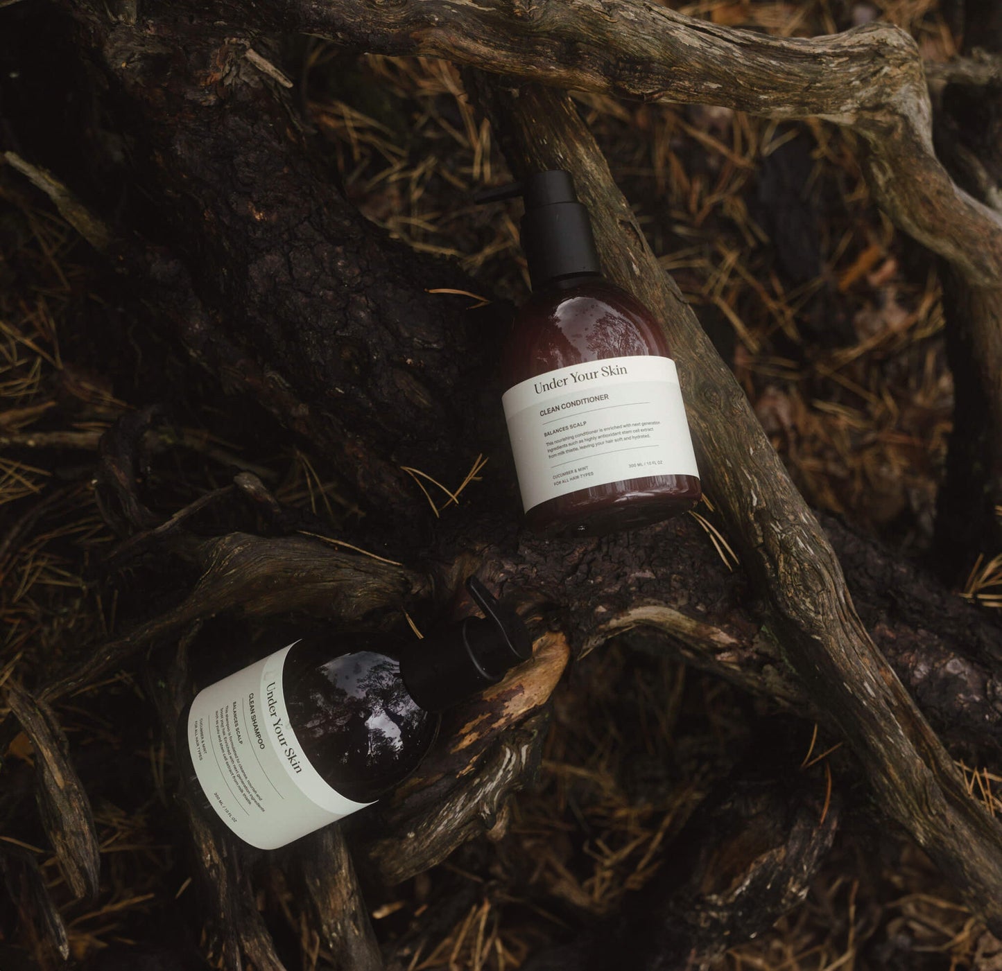 Hårvårdsprodukter placerade på trädrötter i utomhusmiljö.