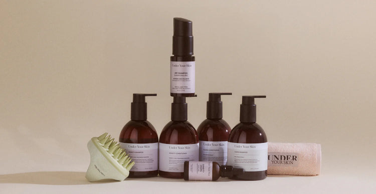 Several under your skin products on light beige background. 