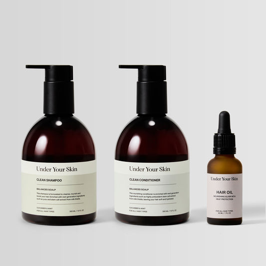 Under Your Skin Detox Clean Kit with shampoo and conditioner. Targets buildup for daily cleansing.