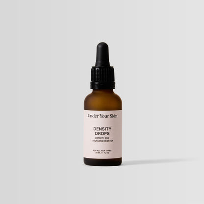 Under Your Skin Density Drops in 30ml/1 oz brown bottle with pipette applicator. Boosts hair thickness and density using Capilia Longa. 
