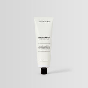 Under Your Skin 2 in 1 Peeling Mask in a 50ml white aluminum tube. Gently exfoliates and hydrates using sea sand.