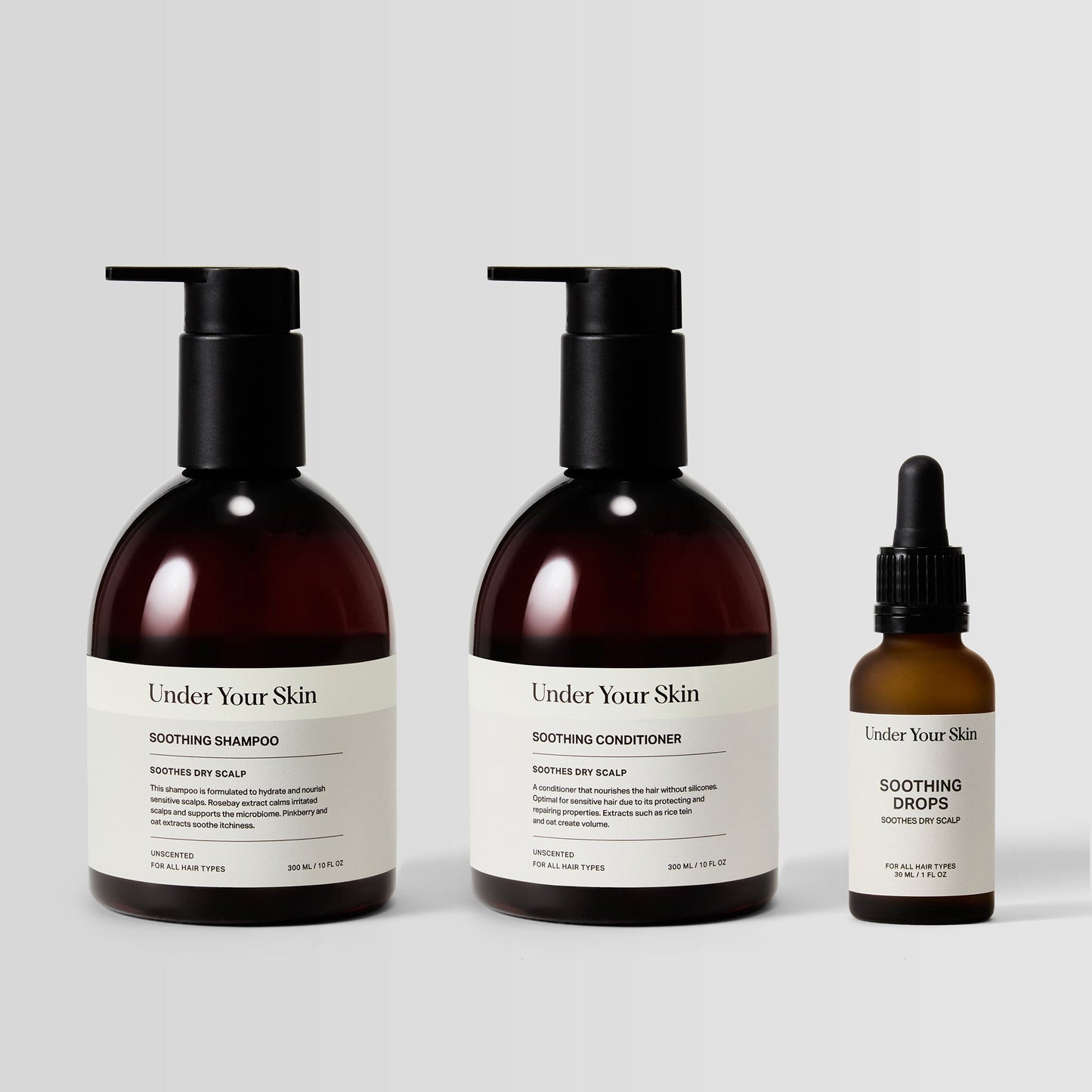 Scalp Treatment Kit-produkter på vit bakgrund.
