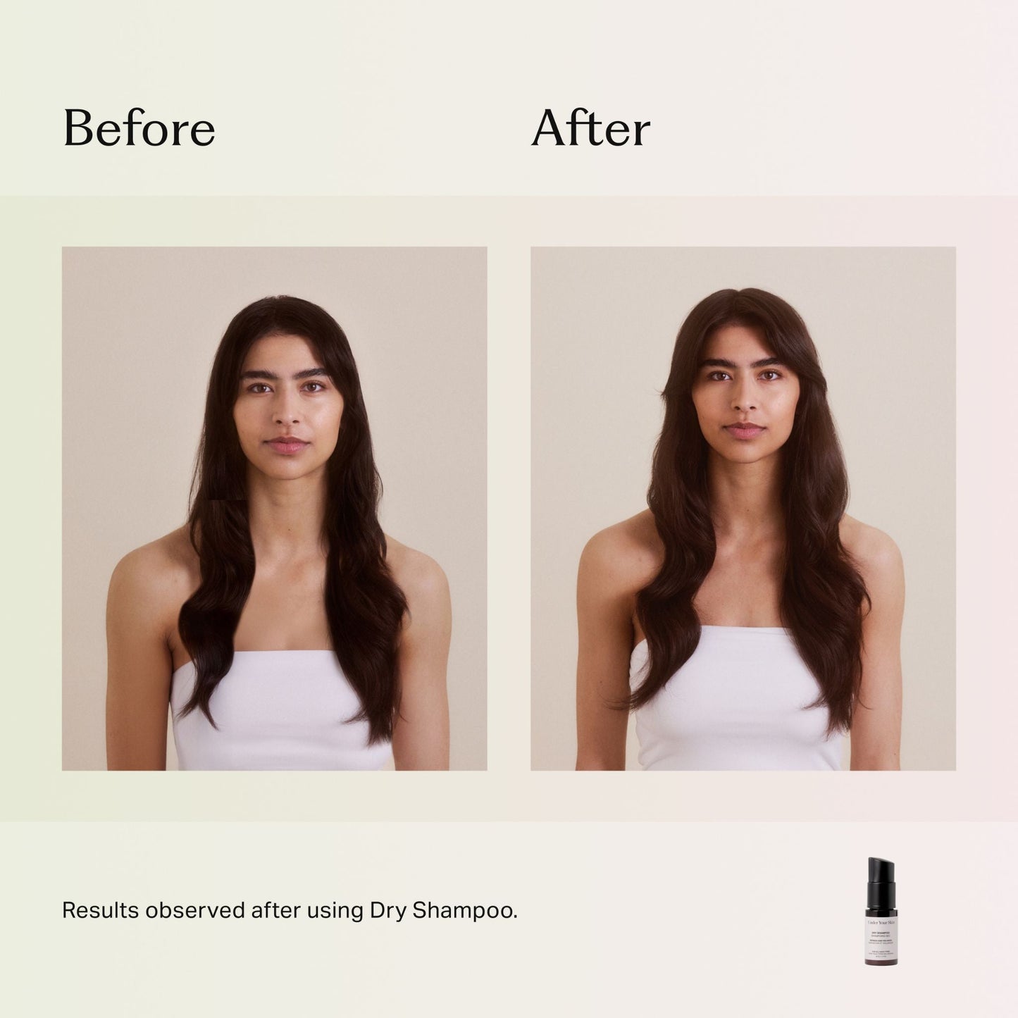 Före- och efterbild som visar resultatet av användning av torrschampo