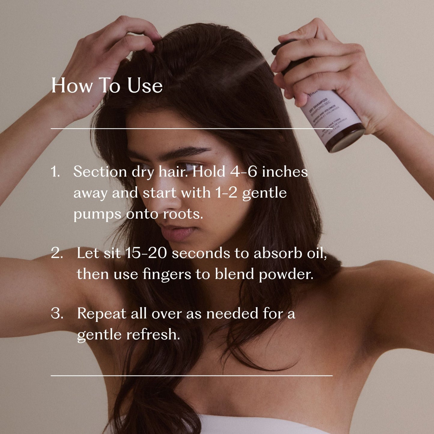 Instruktionsbild med steg-för-steg-text som visar hur man använder torrschampo