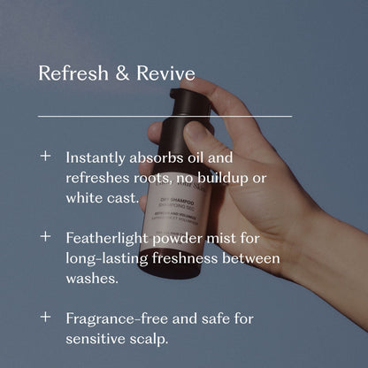 Bild med text 'Refresh and Revive' och lista över fördelar med att använda torrschampo.