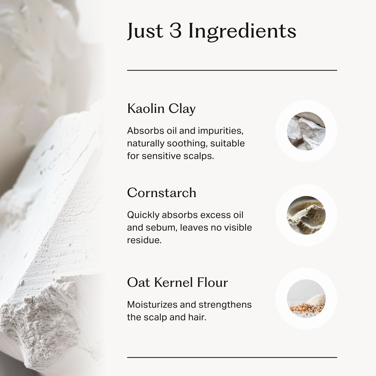 Grafisk bild med ingredienslista för torrschampo och beskrivning av hur varje ingrediens hjälpe