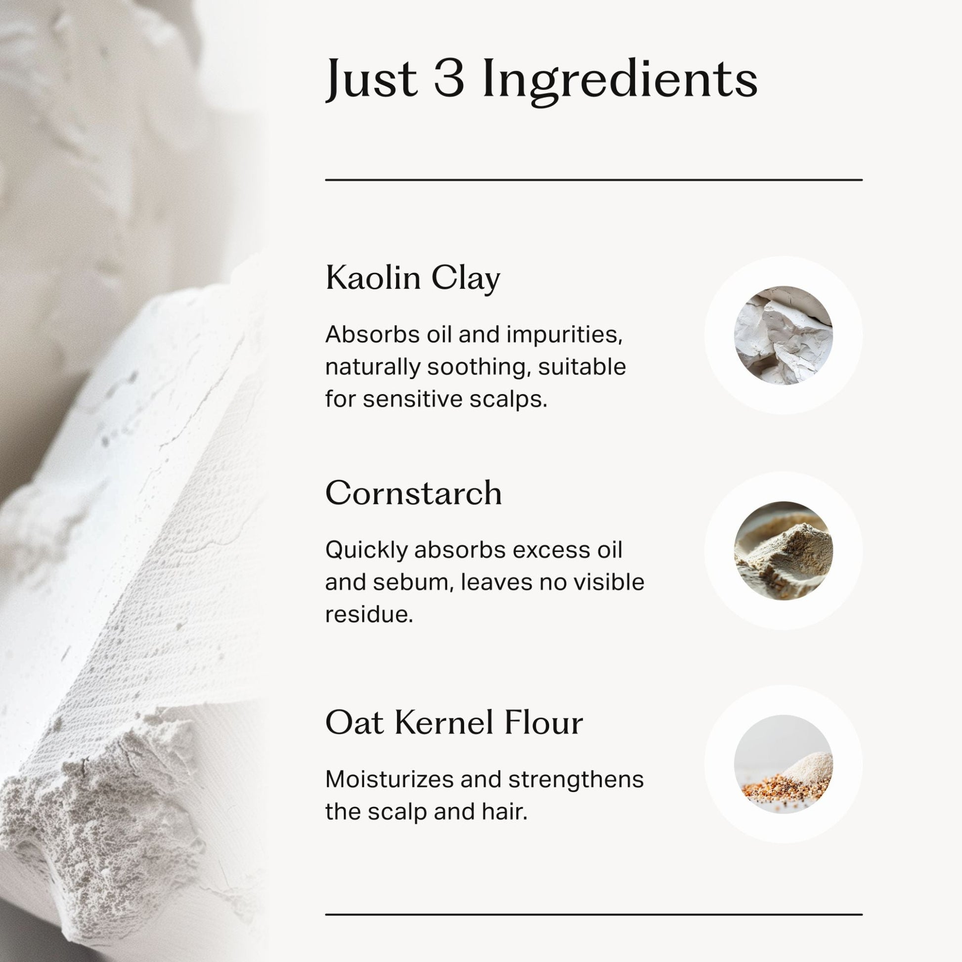 Grafisk bild med ingredienslista för torrschampo och beskrivning av hur varje ingrediens hjälpe