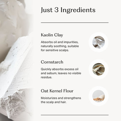 Grafisk bild med ingredienslista för torrschampo och beskrivning av hur varje ingrediens hjälpe