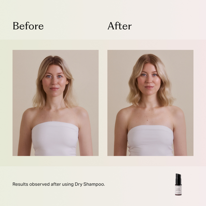 Före- och efterbild som visar resultatet av användning av torrschampo