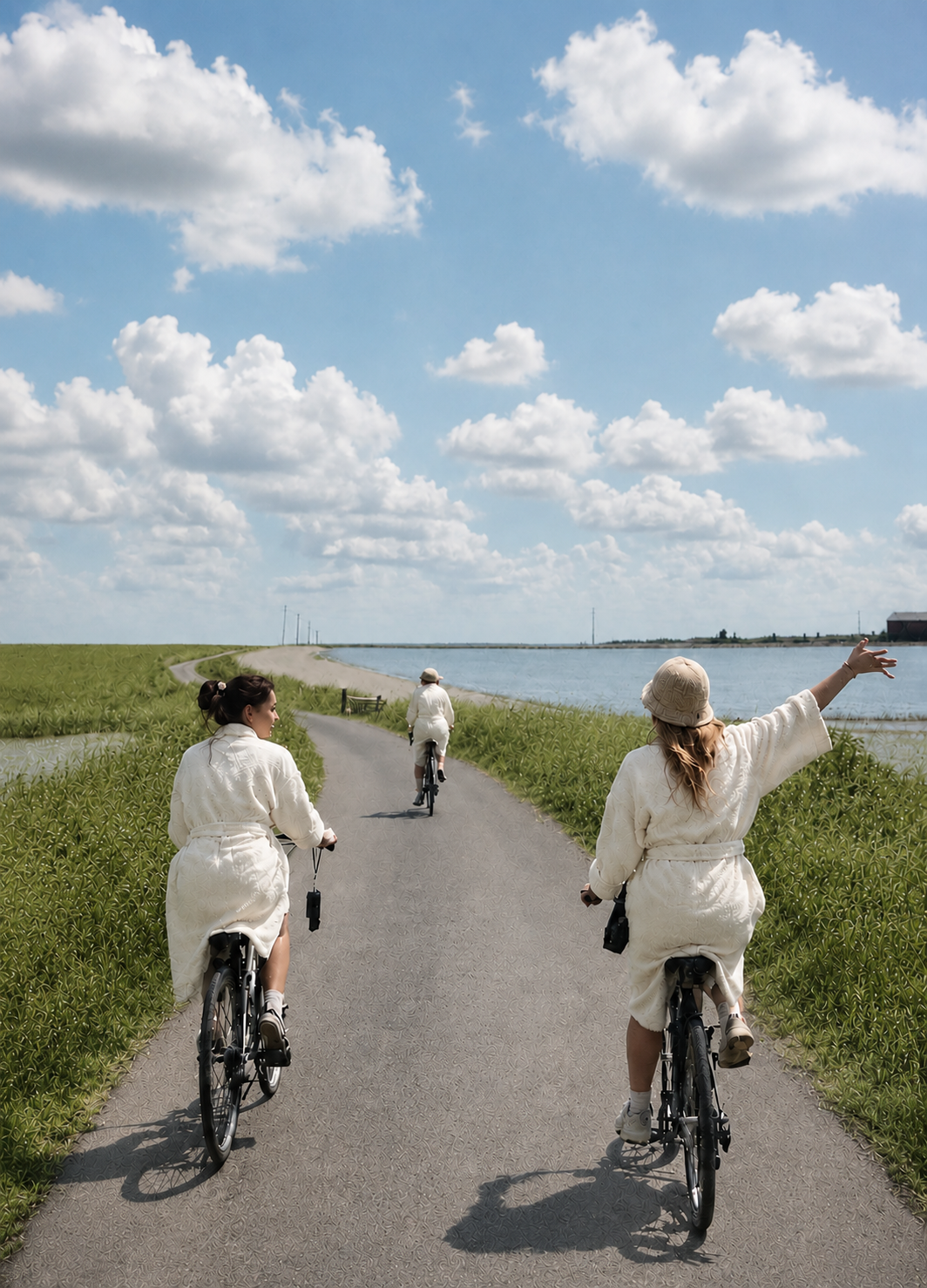 Three women riding bicycles on a paved path outdoors, viewed from behind. They are wearing matching cream-colored robes or coats, with grassy fields on one side and water under a blue sky with large white clouds on the other.